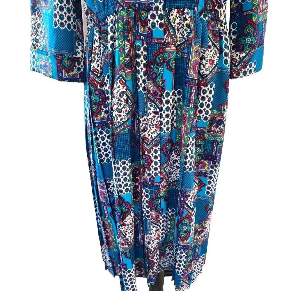 Vintage 80s Schrader Petite Dress Womens 14P Paisley Patchwork Shirtdress Midi